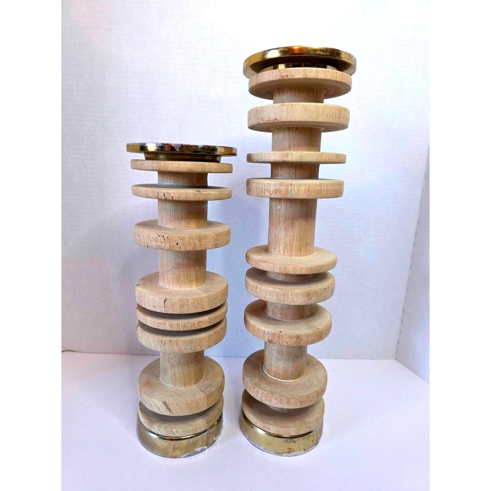 Le Salama Visby Carved‎ Mango Wood Pillar Holders Handcrafted - Set of 2 CALLOUT